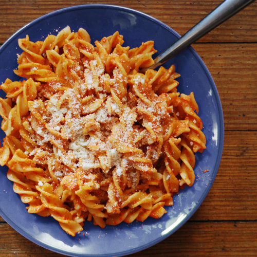 Pasta with a creamy roasted red pepper and goat cheese sauce